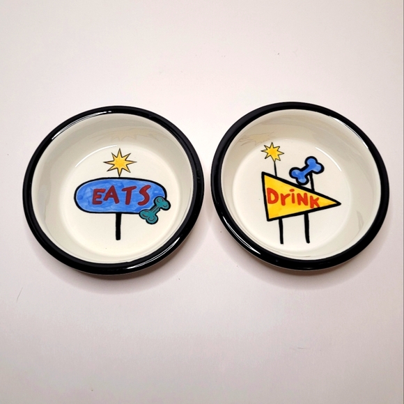 Unleashed Other - EAT and DRINK Set of 2 Ceramic Pet Food Bowls Handpainted Diner Decor Vibes RARE